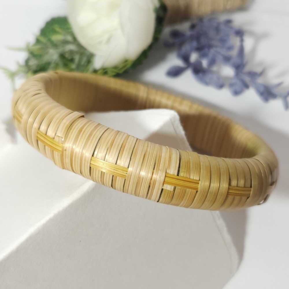 Vintage Tan Woven Tattan Wicker Bangle Bracelet